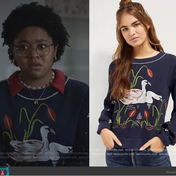 WORN on TV: NWT ANTHROPOLOGIE Maeve SWAN LAKE Embroidered Beaded Sweatshirt XS - Picture 3 of 13